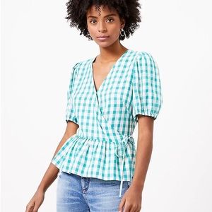 LOFT Gingham Wrap Top Peplum Short Sleeves Green Check Plaid Size Medium